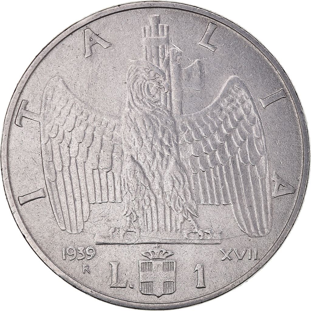 Italy Coin 1 Lira - Vittorio Emanuele III | Eagle | Savoy Shield | Axe | KM77a | 1939 - 1940