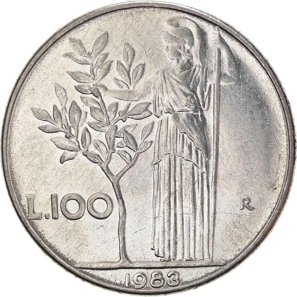 Italy Coin 100 Lire large type | Goddess Minerva | Long Spear | Tree | KM96.1 | 1955 - 1989