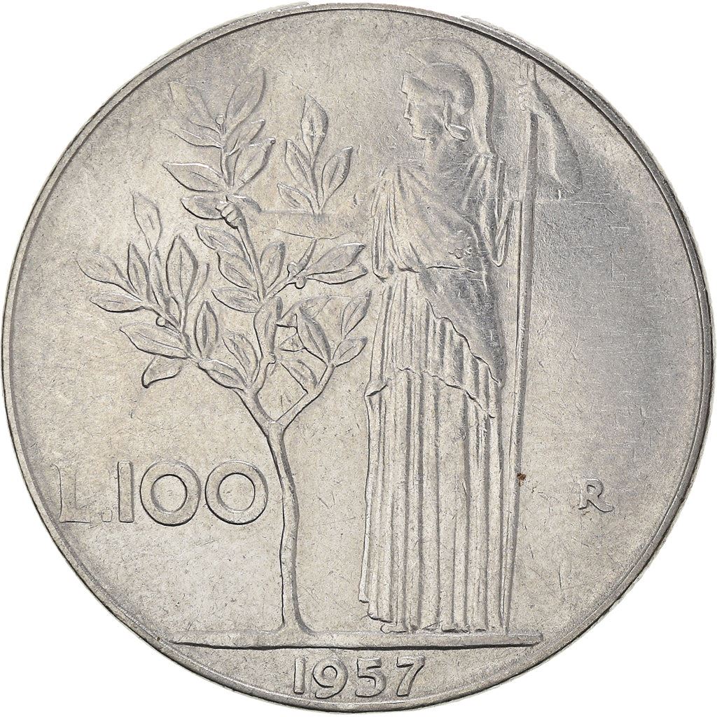 Italy Coin 100 Lire large type | Goddess Minerva | Long Spear | Tree | KM96.1 | 1955 - 1989