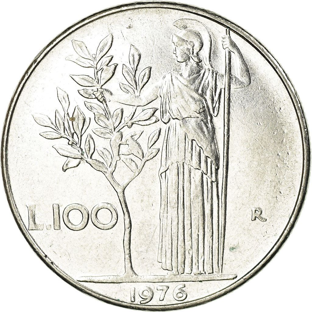 Italy Coin 100 Lire large type | Goddess Minerva | Long Spear | Tree | KM96.1 | 1955 - 1989