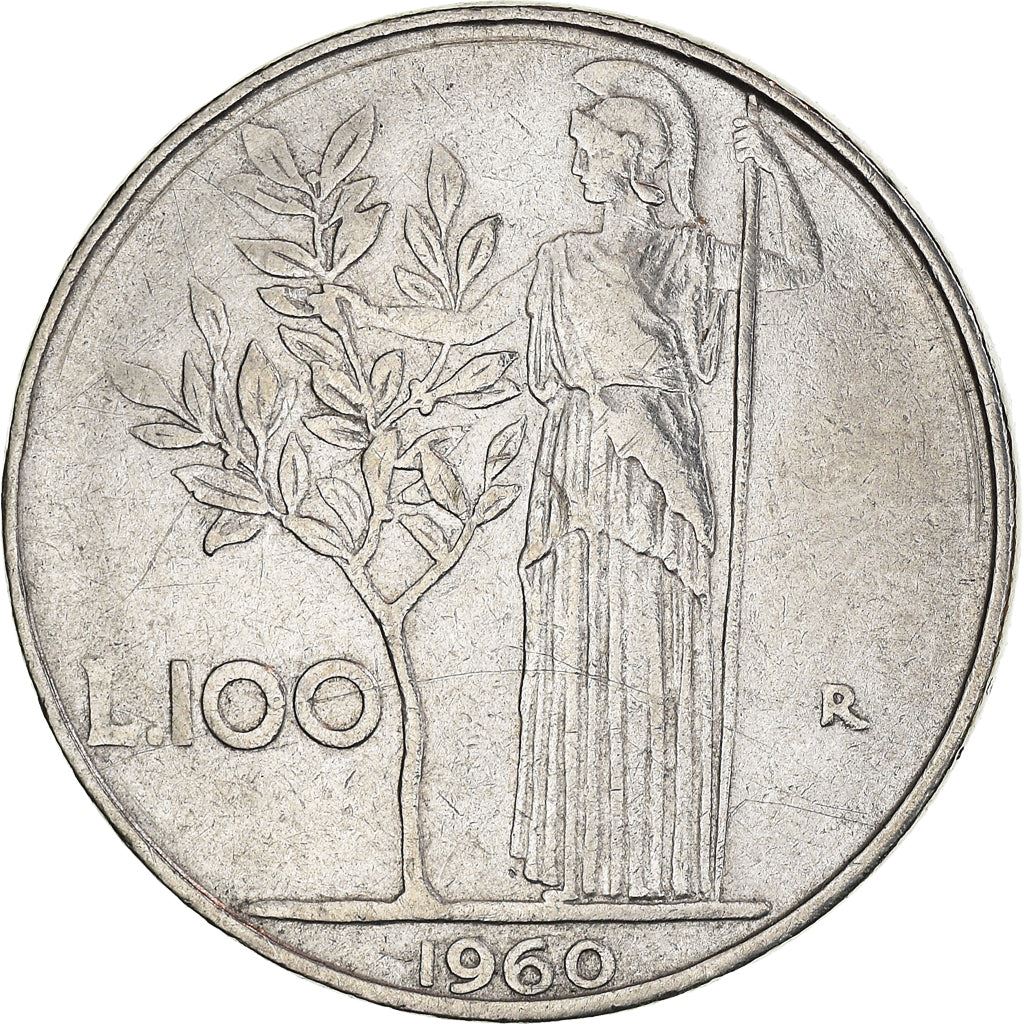 Italy Coin 100 Lire large type | Goddess Minerva | Long Spear | Tree | KM96.1 | 1955 - 1989