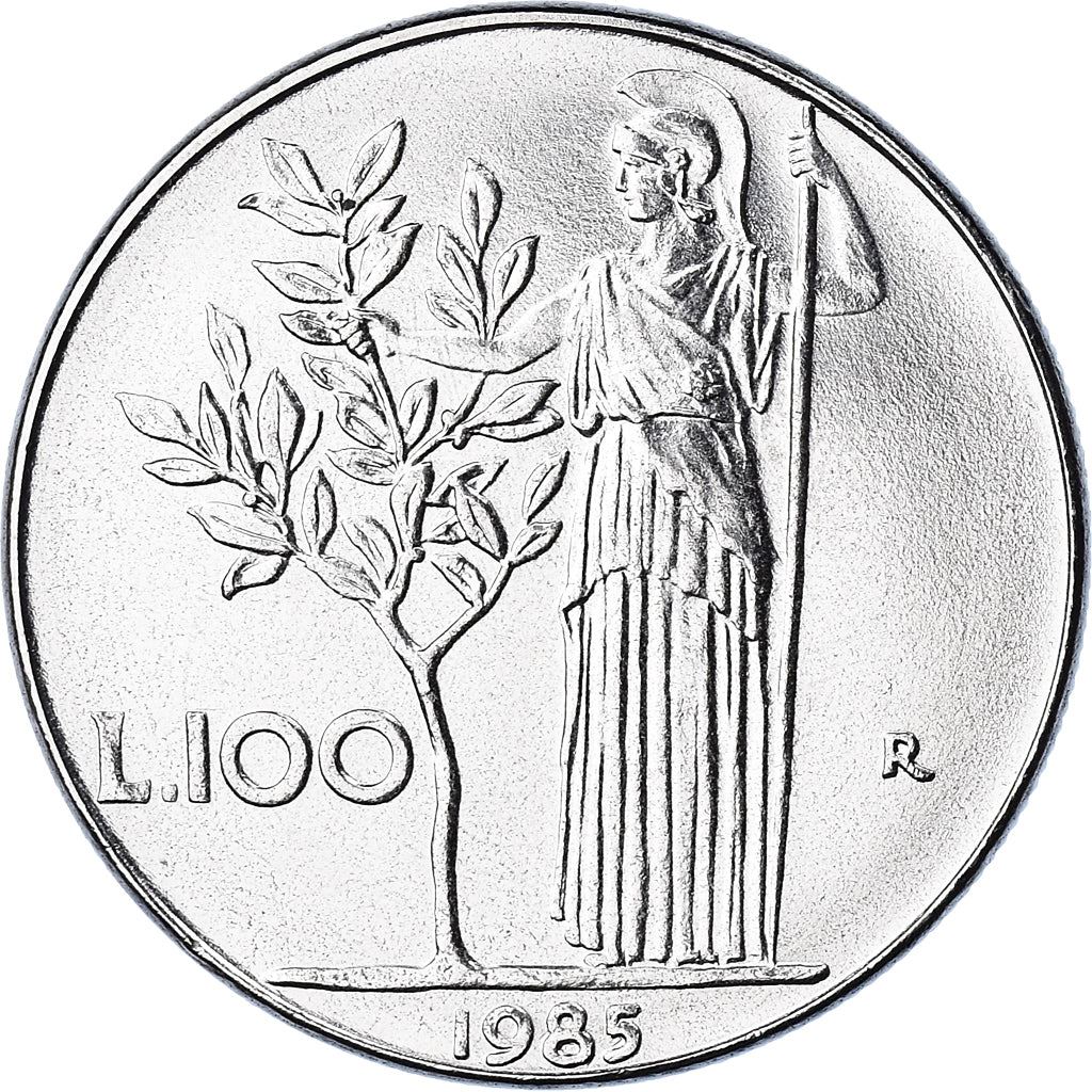 Italy Coin 100 Lire large type | Goddess Minerva | Long Spear | Tree | KM96.1 | 1955 - 1989