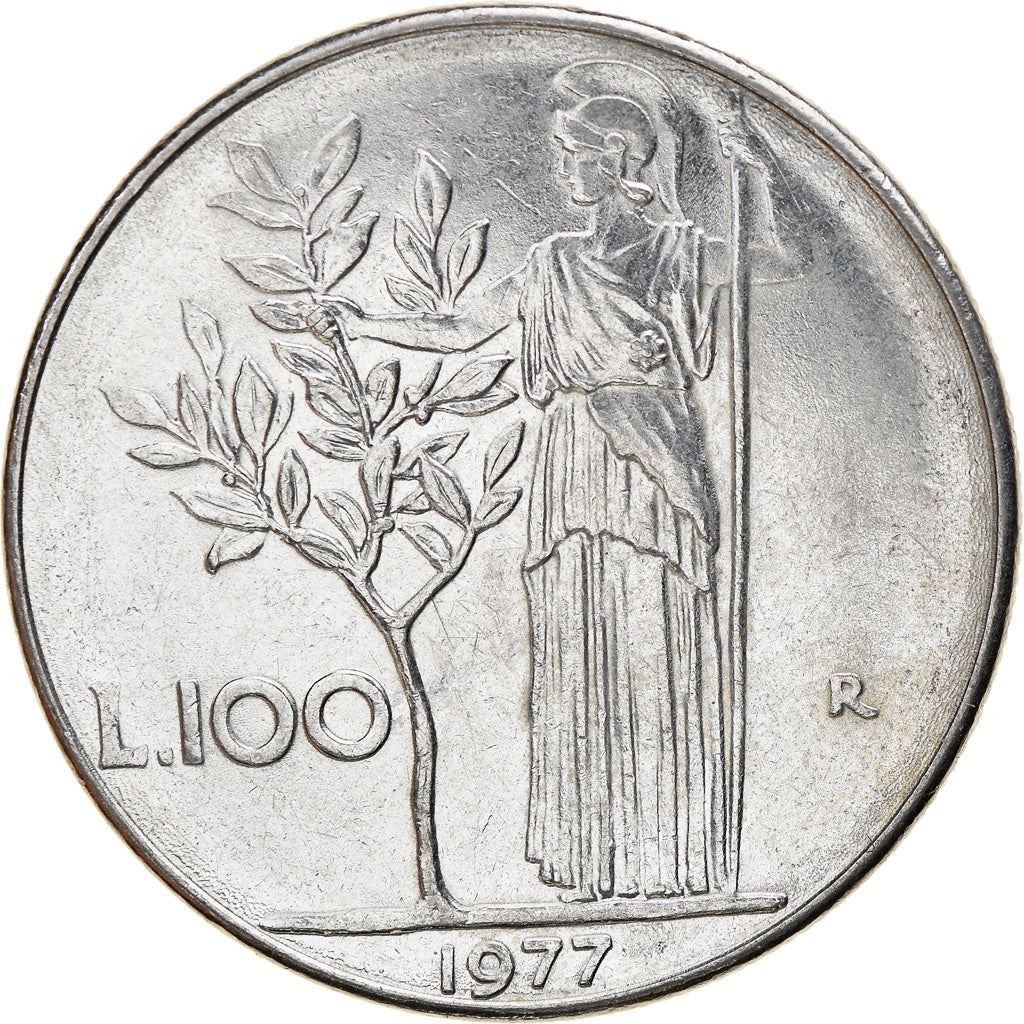 Italy Coin 100 Lire large type | Goddess Minerva | Long Spear | Tree | KM96.1 | 1955 - 1989