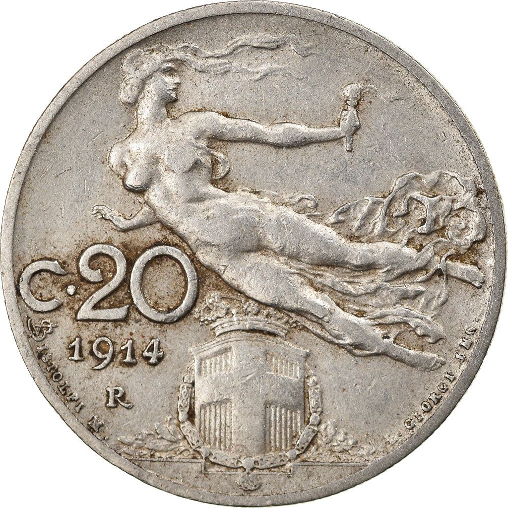 Italy Coin 20 Centesimi - Vittorio Emanuele III | Libertus | Flaming Torch | KM44 | 1908 - 1935