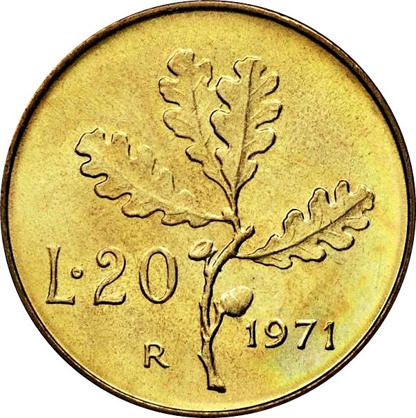 Italy Coin 20 Lire | Oak Branch | Wheat Sprigs | KM97 | 1957 - 2001