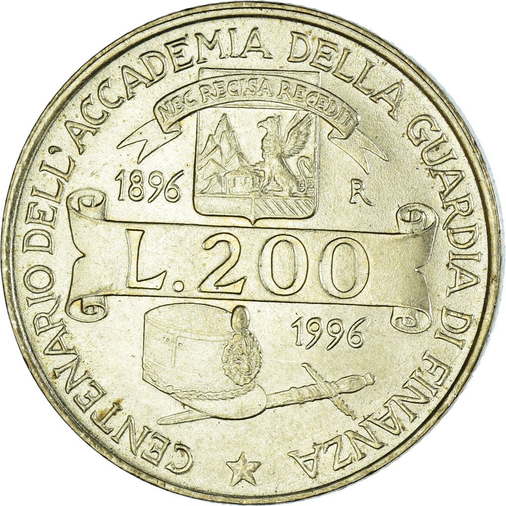 Italy Coin 200 Lire Academy of "Guardia di Finanza" | Caserta | Sword | KM184 | 1996