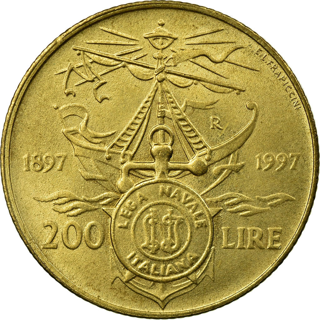 Italy Coin 200 Lire Italian Naval League | Libertine | Anchor | Boat Sailing | KM186 | 1997