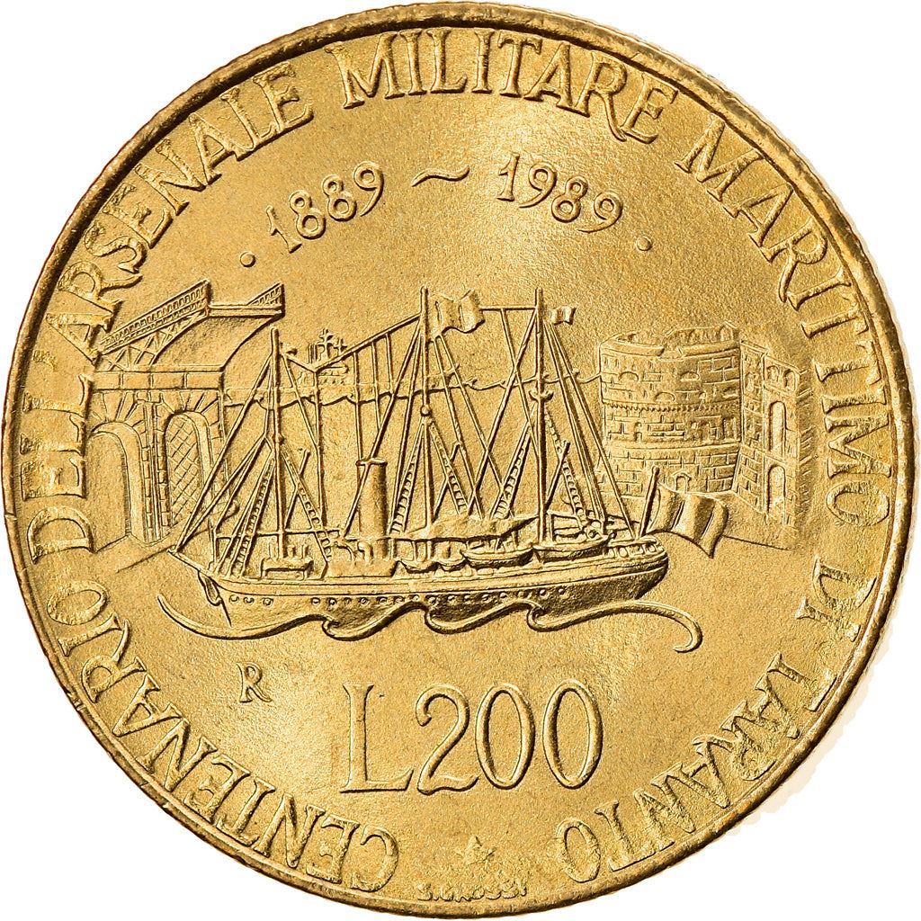 Italy Coin 200 Lire Taranto Naval Arsenal | Libertine | Ship Sailing | Castle | KM130 | 1989