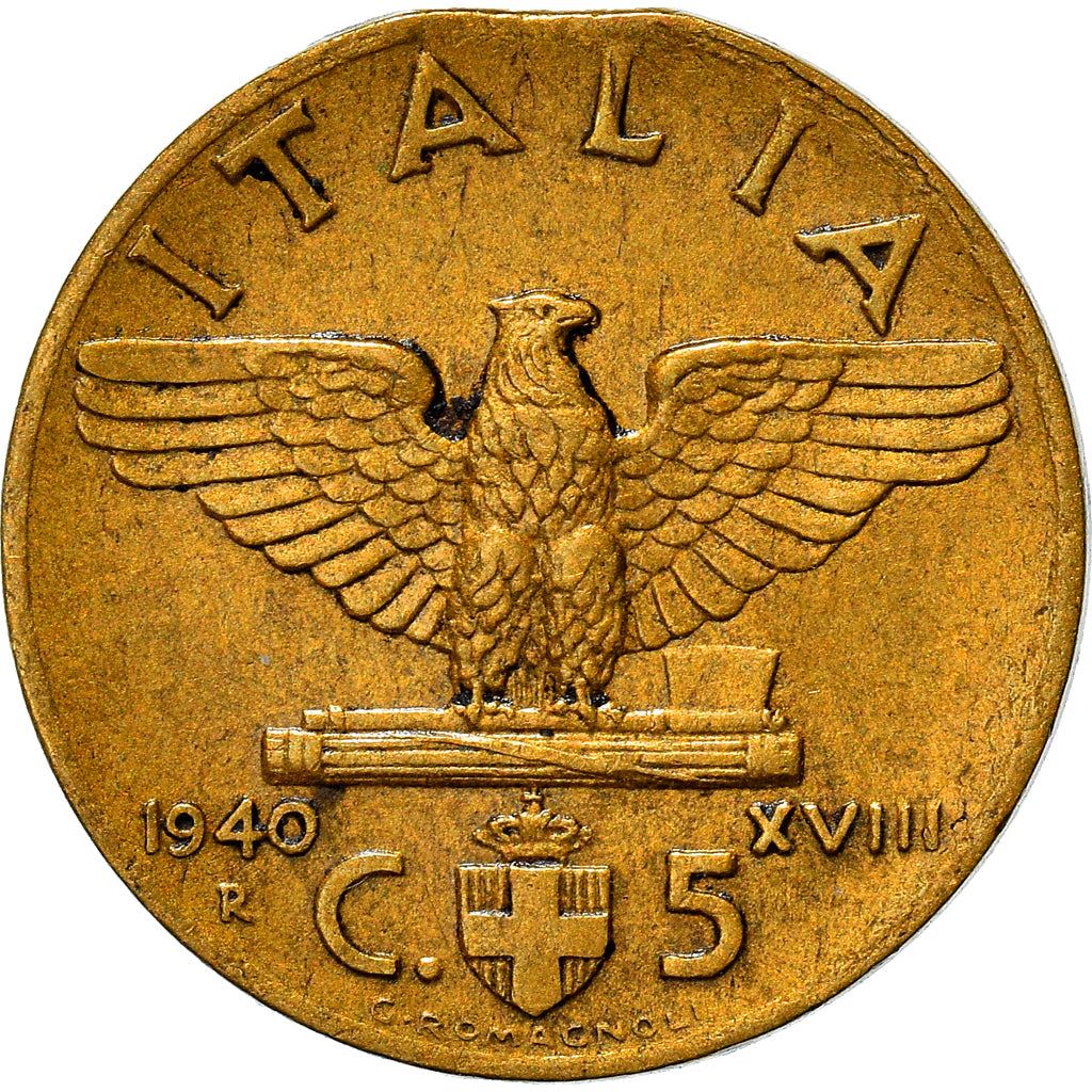 Italy Coin 5 Centesimi - Vittorio Emanuele III | Eagle | Fasces | Quadriga | KM73a | 1939 - 1943