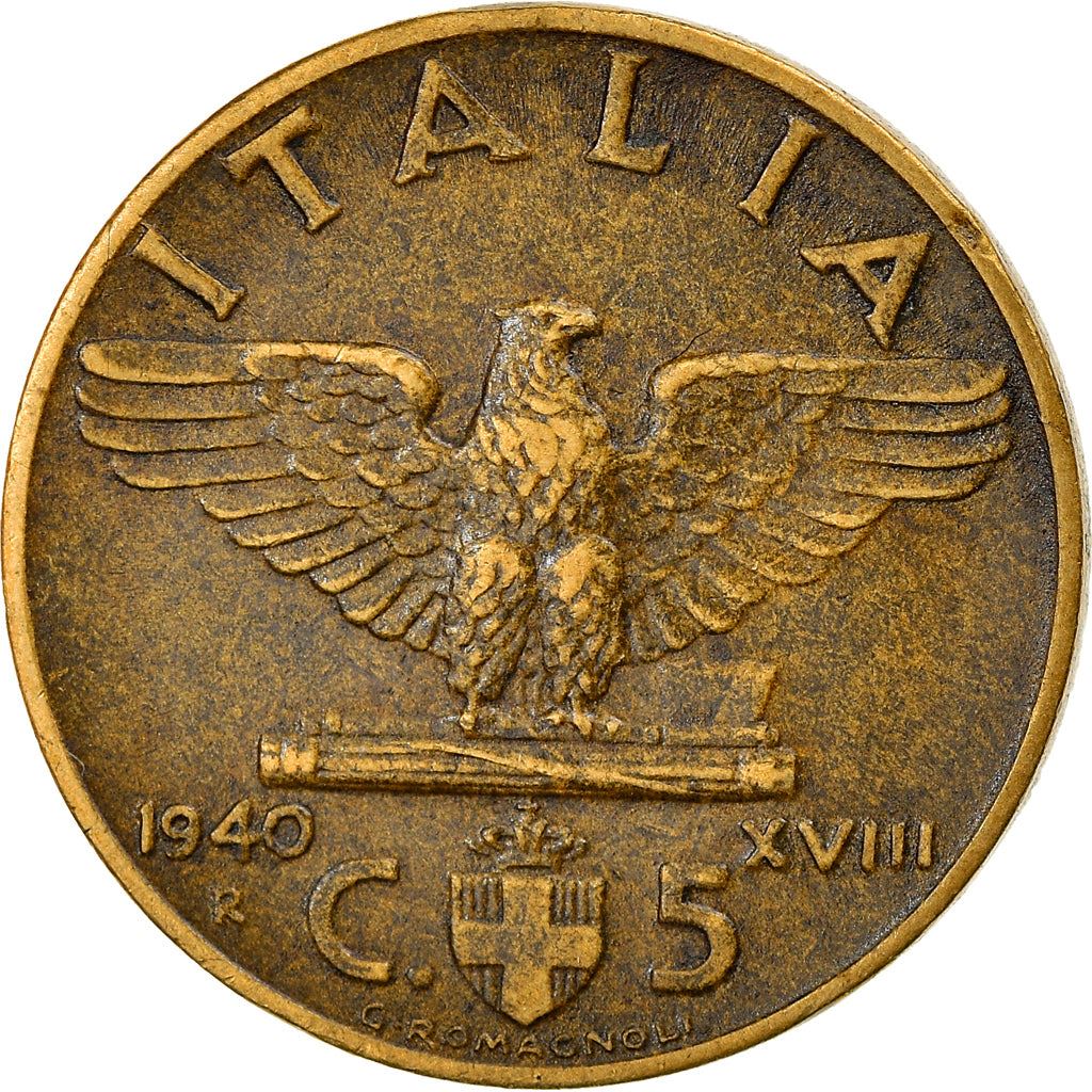 Italy Coin 5 Centesimi - Vittorio Emanuele III | Eagle | Fasces | Quadriga | KM73a | 1939 - 1943