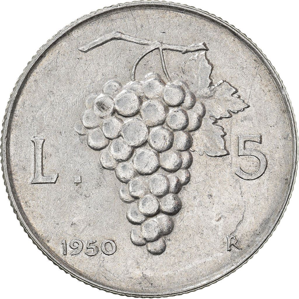 Italy Coin 5 Lire | Libertine | Burning Torch | Grapes | KM89 | 1946 - 1950