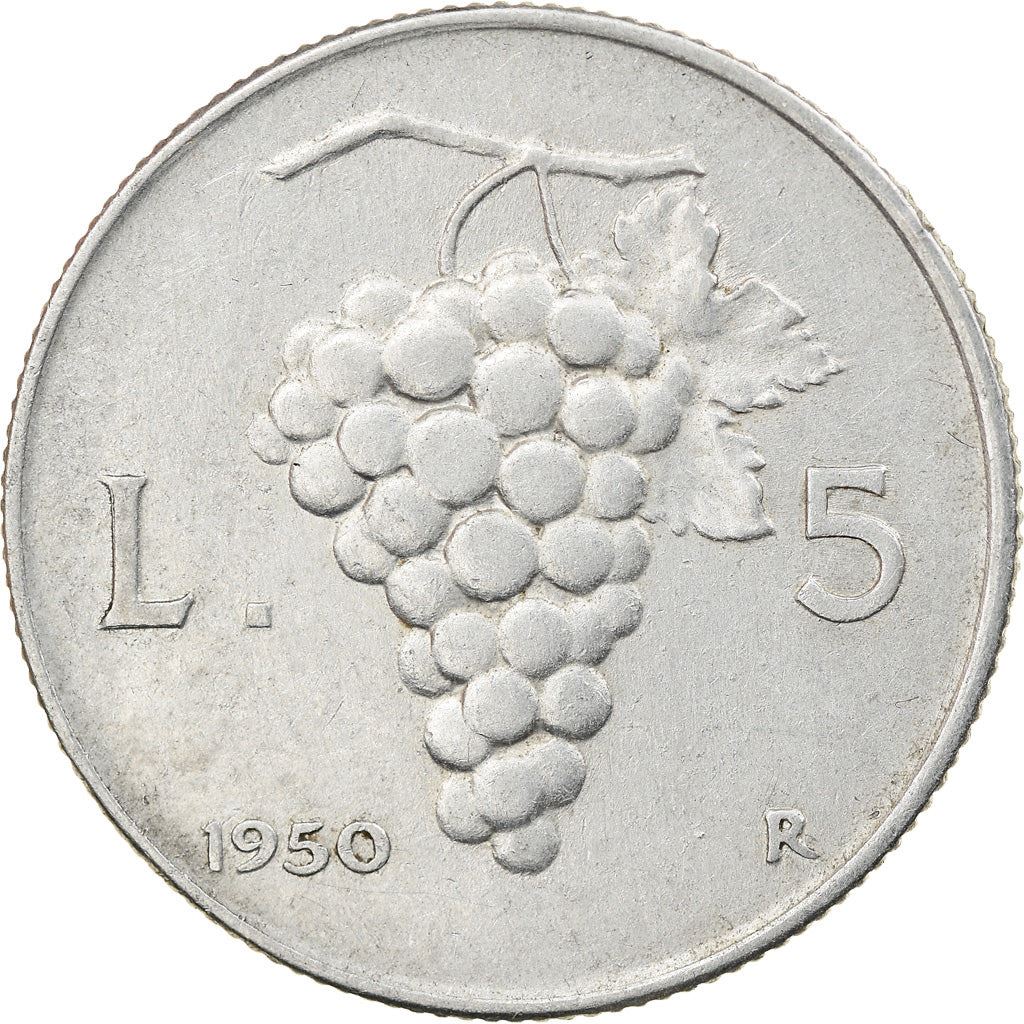 Italy Coin 5 Lire | Libertine | Burning Torch | Grapes | KM89 | 1946 - 1950