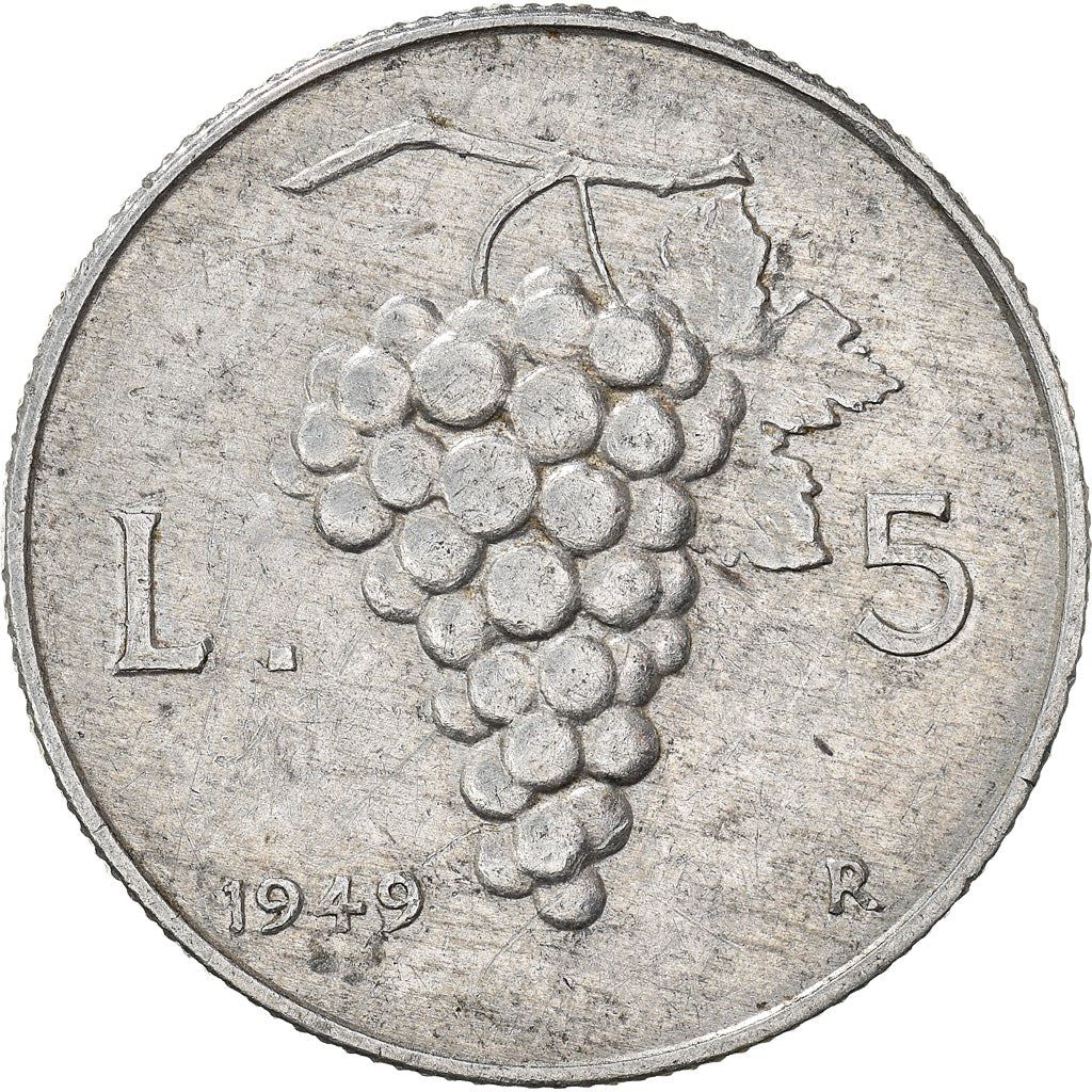 Italy Coin 5 Lire | Libertine | Burning Torch | Grapes | KM89 | 1946 - 1950