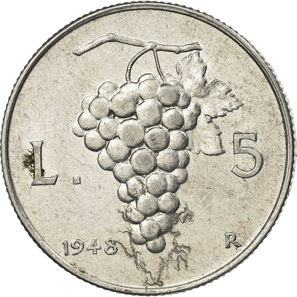 Italy Coin 5 Lire | Libertine | Burning Torch | Grapes | KM89 | 1946 - 1950