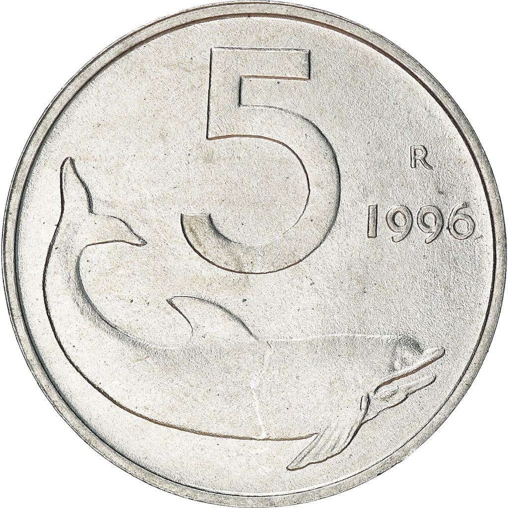 Italy Coin 5 Lire | Ship Rudder | Dolphin | KM92 | 1951 - 2001