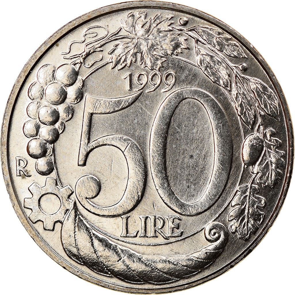 Italy Coin 50 Lire | Grapes | Cornucopia | Crown | Wheel | Star | KM183 | 1996 - 2001