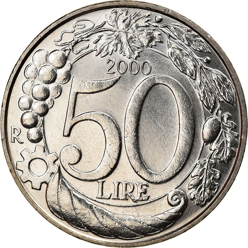 Italy Coin 50 Lire | Grapes | Cornucopia | Crown | Wheel | Star | KM183 | 1996 - 2001