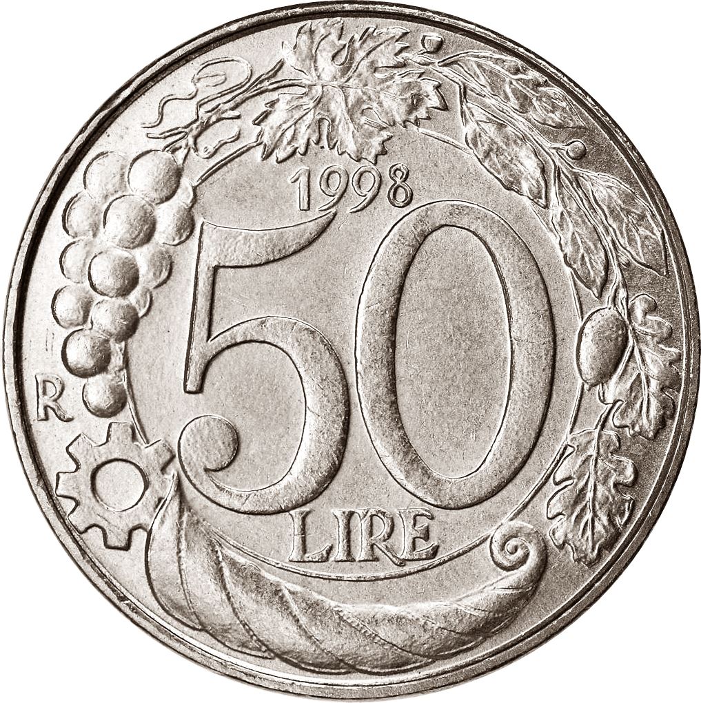 Italy Coin 50 Lire | Grapes | Cornucopia | Crown | Wheel | Star | KM183 | 1996 - 2001