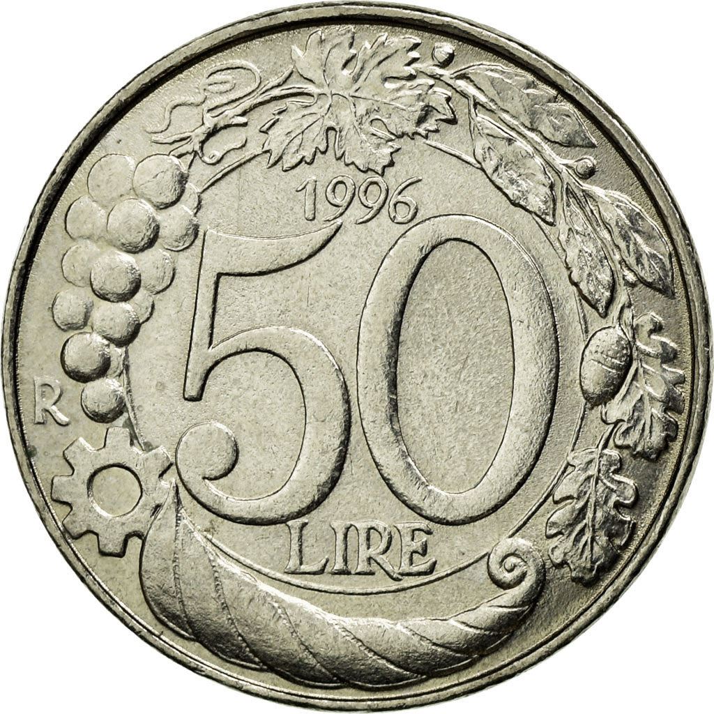 Italy Coin 50 Lire | Grapes | Cornucopia | Crown | Wheel | Star | KM183 | 1996 - 2001