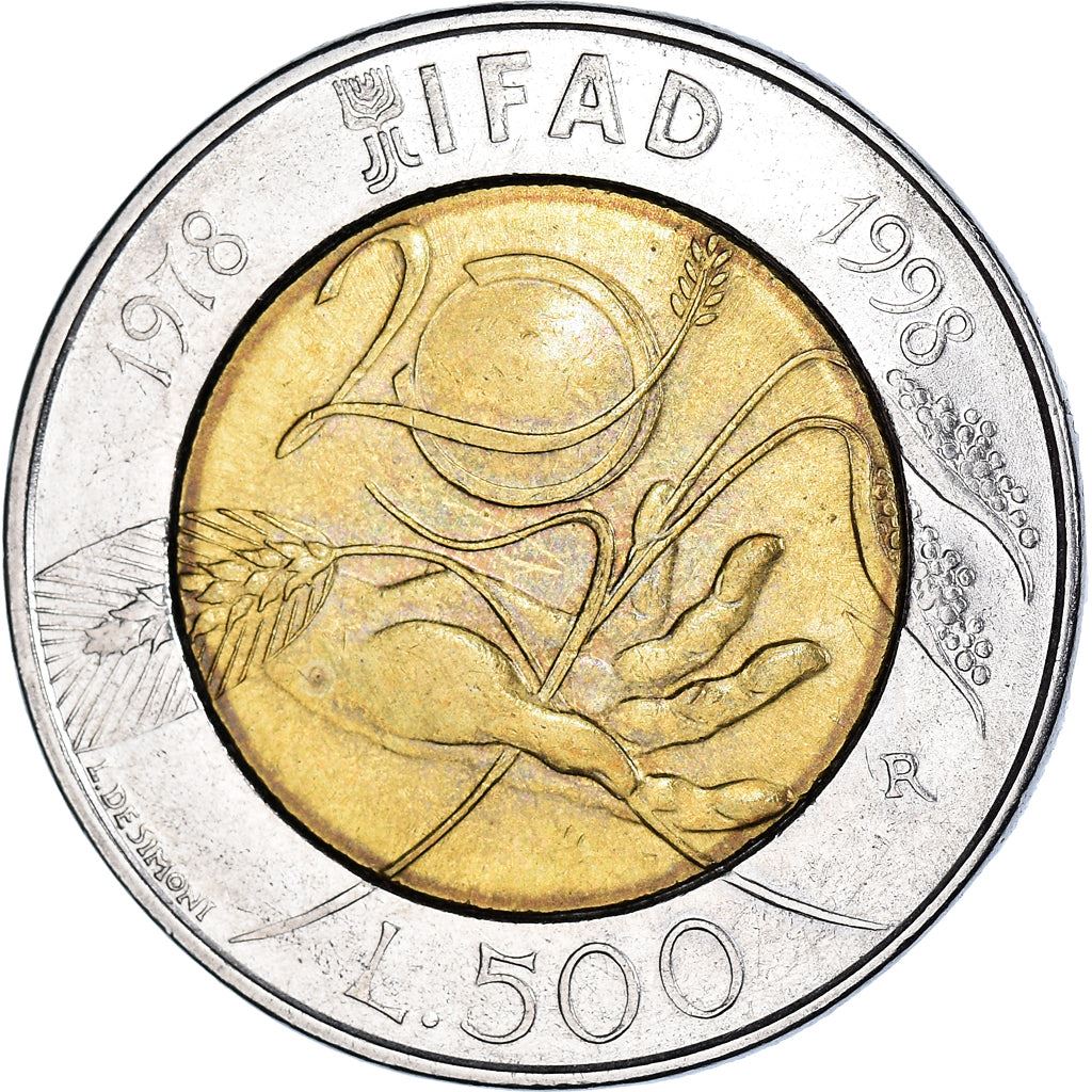 Italy Coin 500 Lire F.A.O. - IFAD | Shorghum Steam | Solar Globe | Wheat | KM193 | 1998