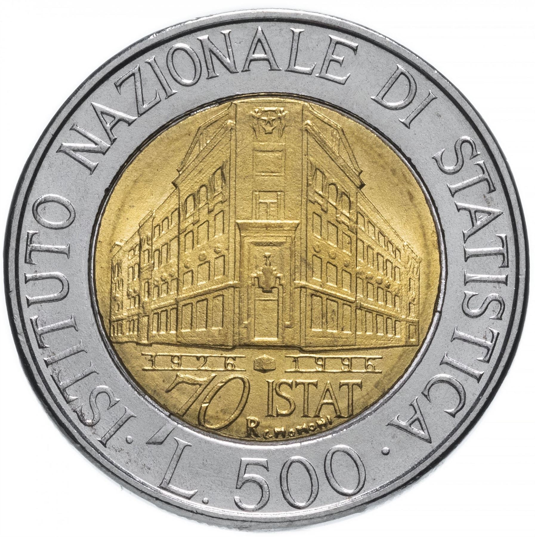 Italy Coin 500 Lire I.S.T.A.T. | Institute Building | Winged Head | KM181 | 1996