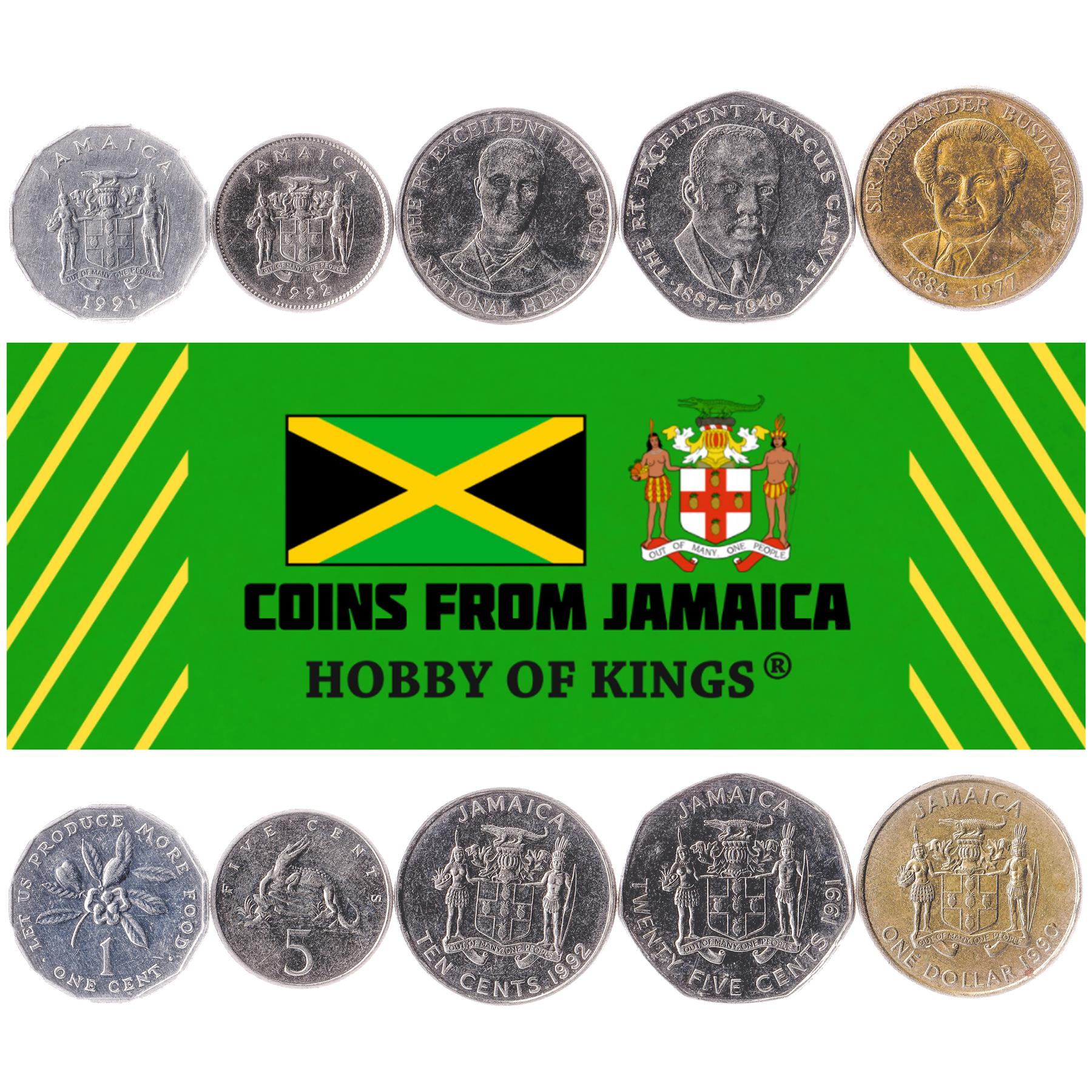 Jamaica | 5 Coin Set | 1 Cent 5 10 25 Cents 1 Dollar | Ackee fruit | American crocodile | Paul Bogle | Marcus Garvey | Alexander Bustamante | 1990 - 1994