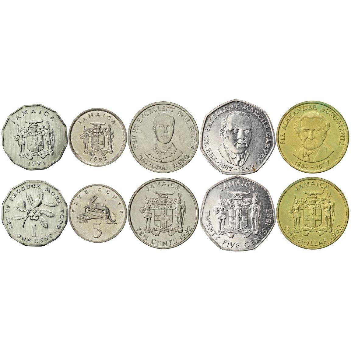 Jamaica | 5 Coin Set | 1 Cent 5 10 25 Cents 1 Dollar | Ackee fruit | American crocodile | Paul Bogle | Marcus Garvey | Sir Alexander Bustamante | 1975 - 2002