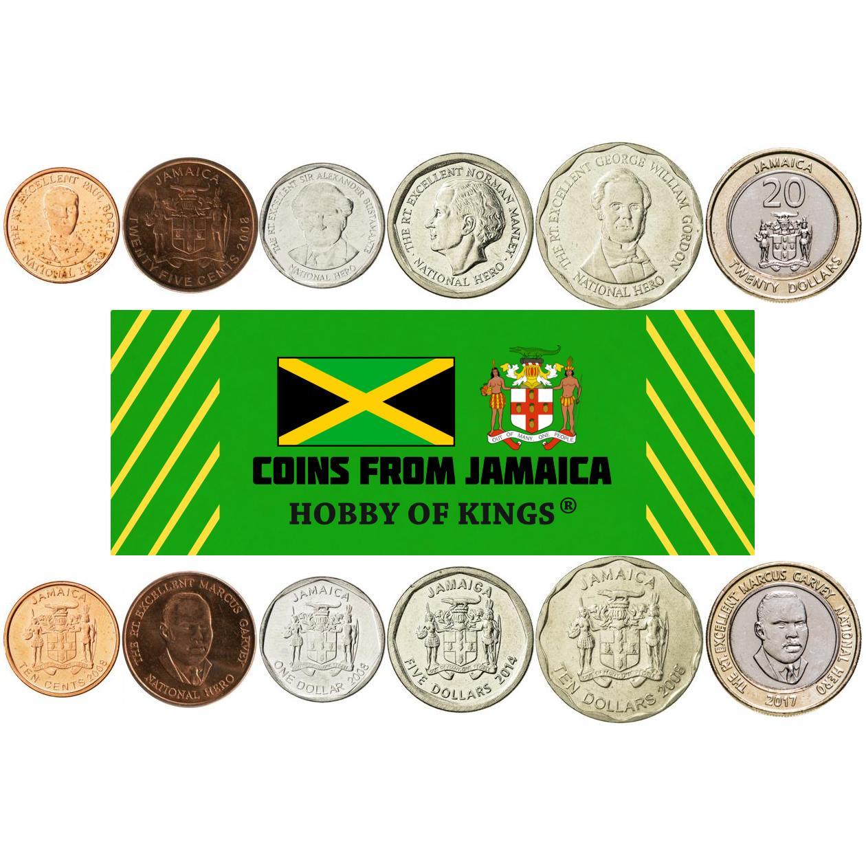 Jamaica | 6 Coin Set | 10 25 Cents 1 Dollar 5 10 20 Dollars | Paul Bogle | Marcus Garvey | Alexander Bustamante | Norman Manley | George William Gordon | 2008 - 2022