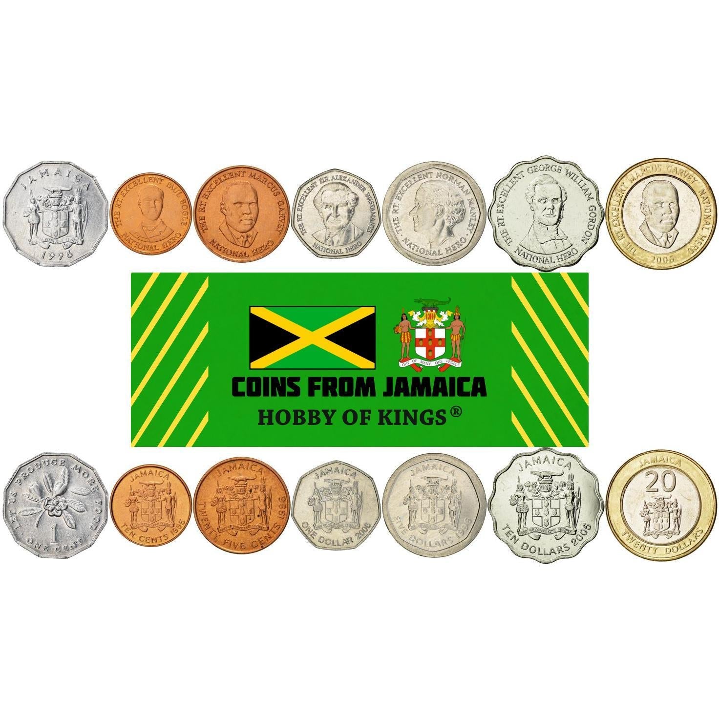 Jamaica | 7 Coin Set | 1 Cent 10 25 Cents 1 Dollar 5 10 20 Dollars | Ackee fruit | Paul Bogle | Marcus Garvey | Alexander Bustamante | Norman Manley | George William | 1994 - 2008