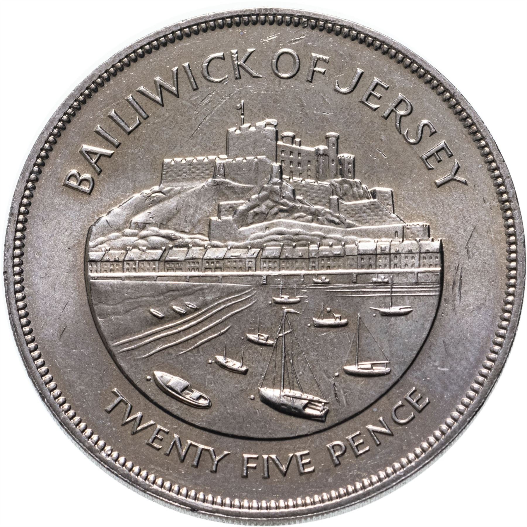 Jersey 25 Pence Coin | Queen Elizabeth II | Silver Jubilee | Gorey Harbour | Mont Orgueil Castle | KM44 | 1977