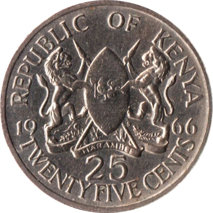 Kenya 25 Cents Coin | Mzee Jomo Kenyatta | KM3 | 1966 - 1967