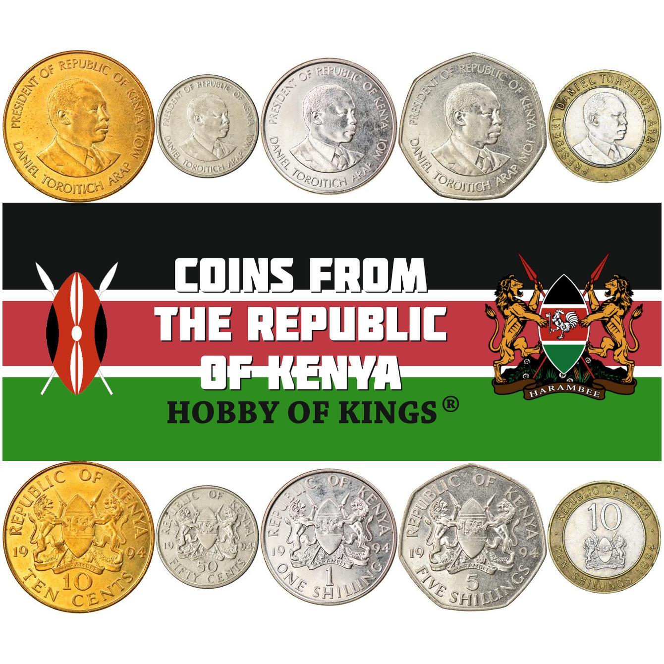 Kenya | 5 Coin Set | 10 50 Cents 1 Shilling 5 10 Shillings | Daniel Toroitich Moi | Lion | Daniel Toroitch Moi | 1994