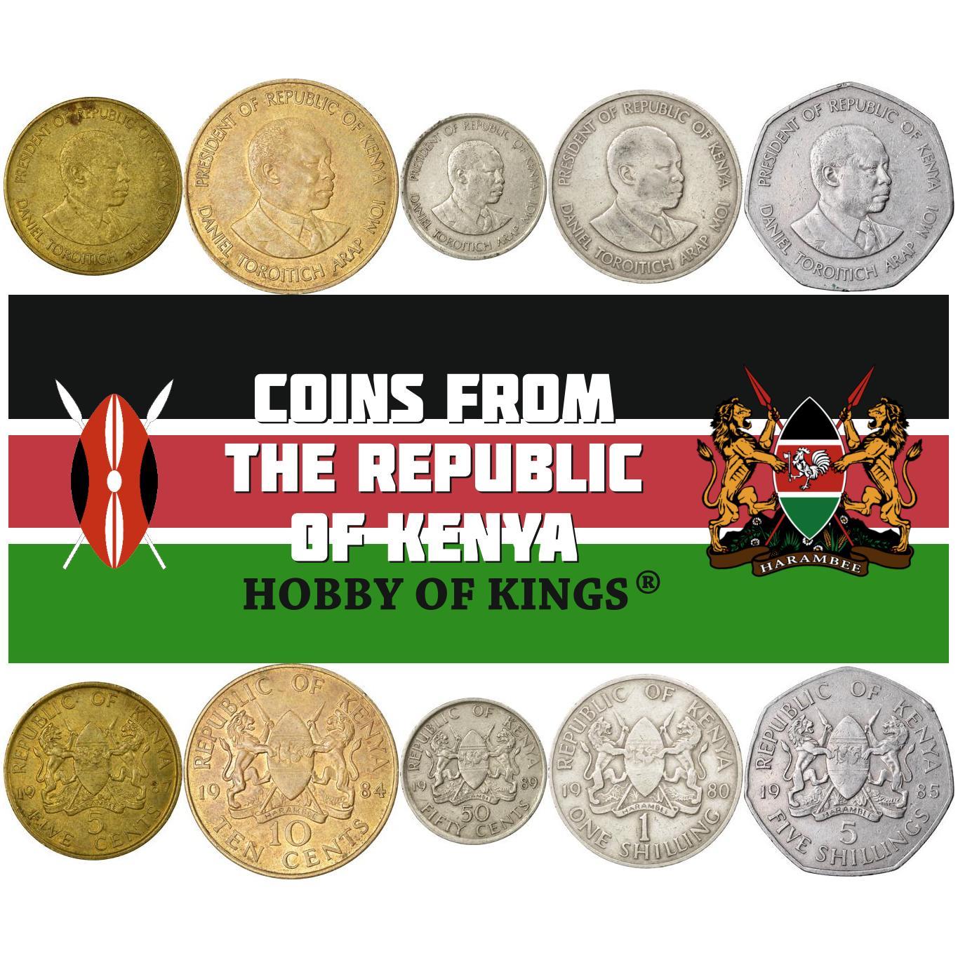 Kenya | 5 Coin Set | 5 10 50 Cents 1 Shilling 5 Shillings | Daniel Toroitich Arap Moi | Lion | Daniel Toroitch Arap Moi | 1978 - 1991