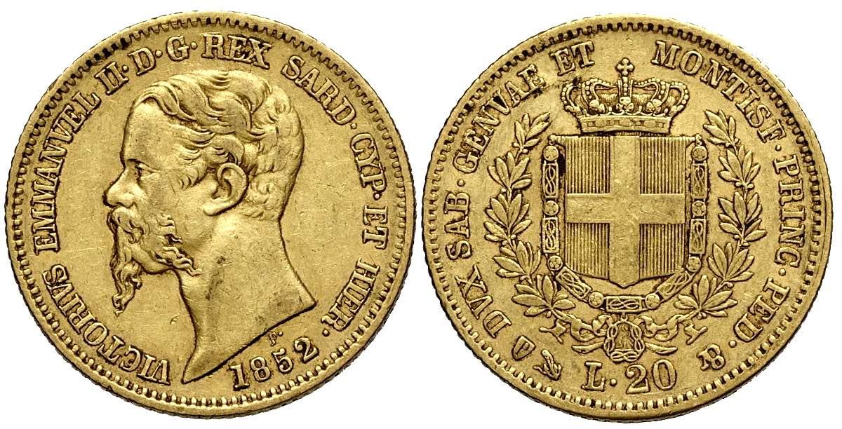 Kingdom of Sardinia 20 Lire Gold Coin 1852 | King Vittorio Emanuele II | Italian states | KM146