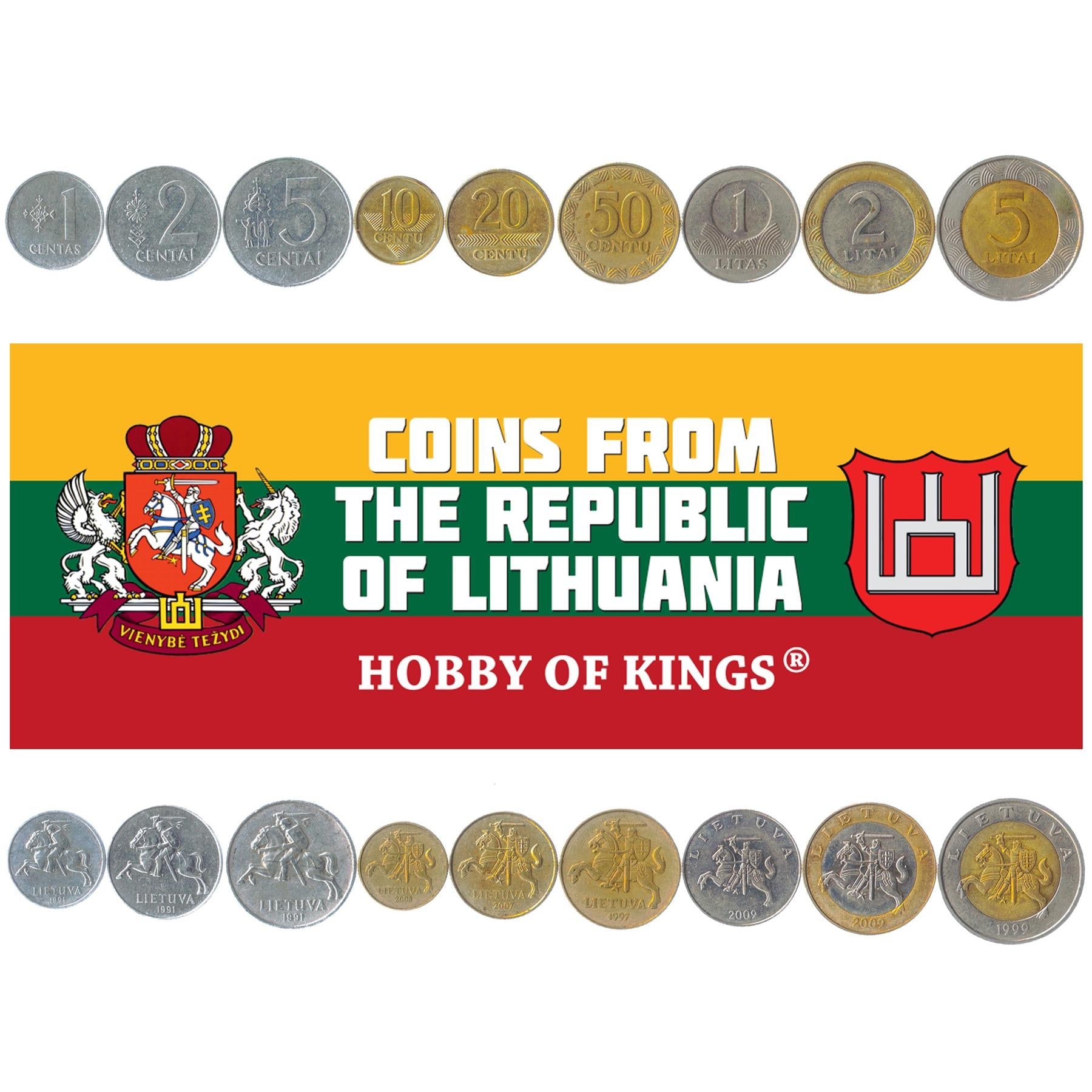 Lithuanian 9 Coin Set 1 2 5 10 20 50 Centu 1 2 5 Litai | Knight | Horse | Vytis | Lithuania | 1991 - 2014