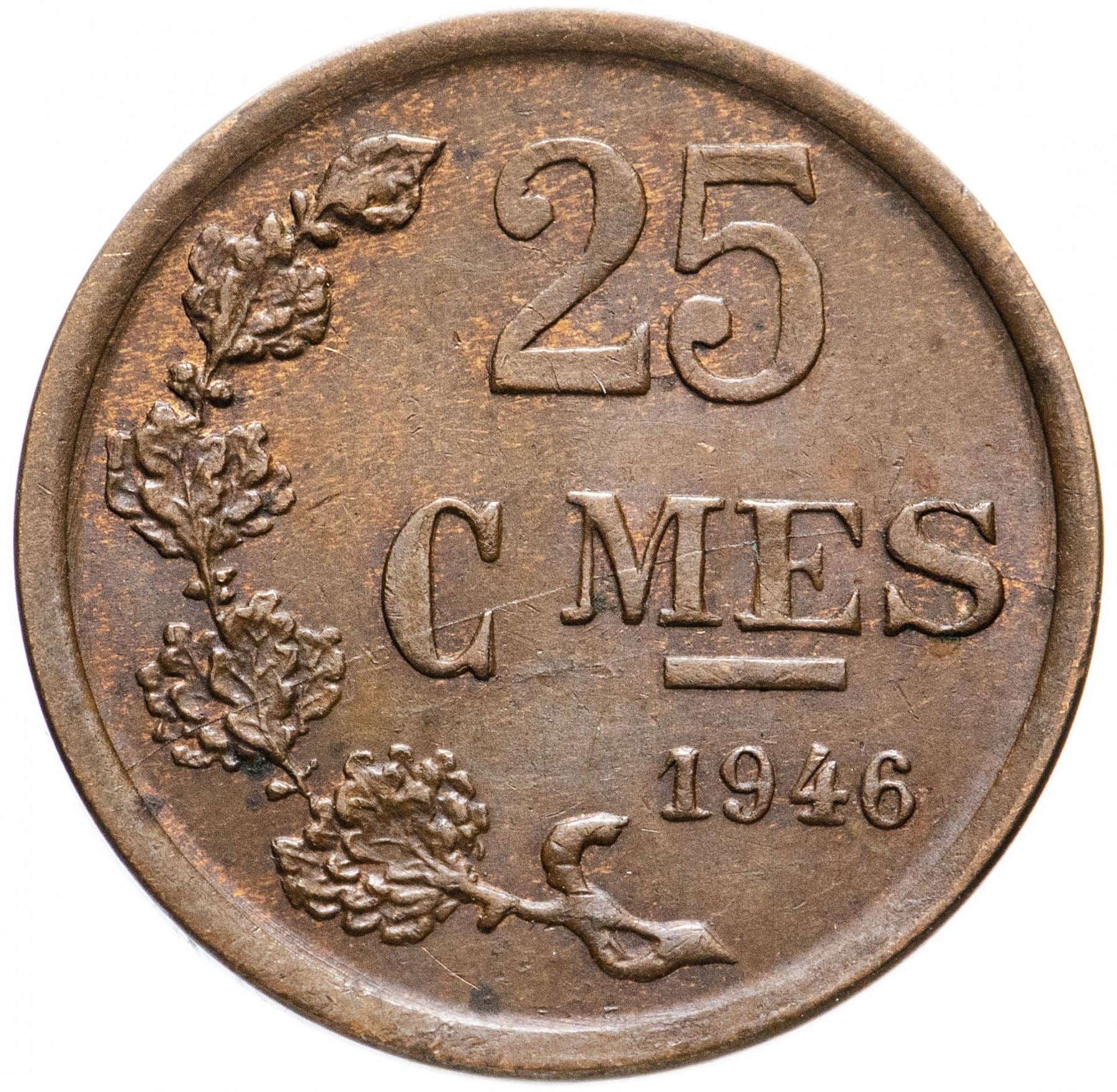 Luxembourg 25 Centimes Coin | Grand Duchess Charlotte | KM45 | 1946 - 1947