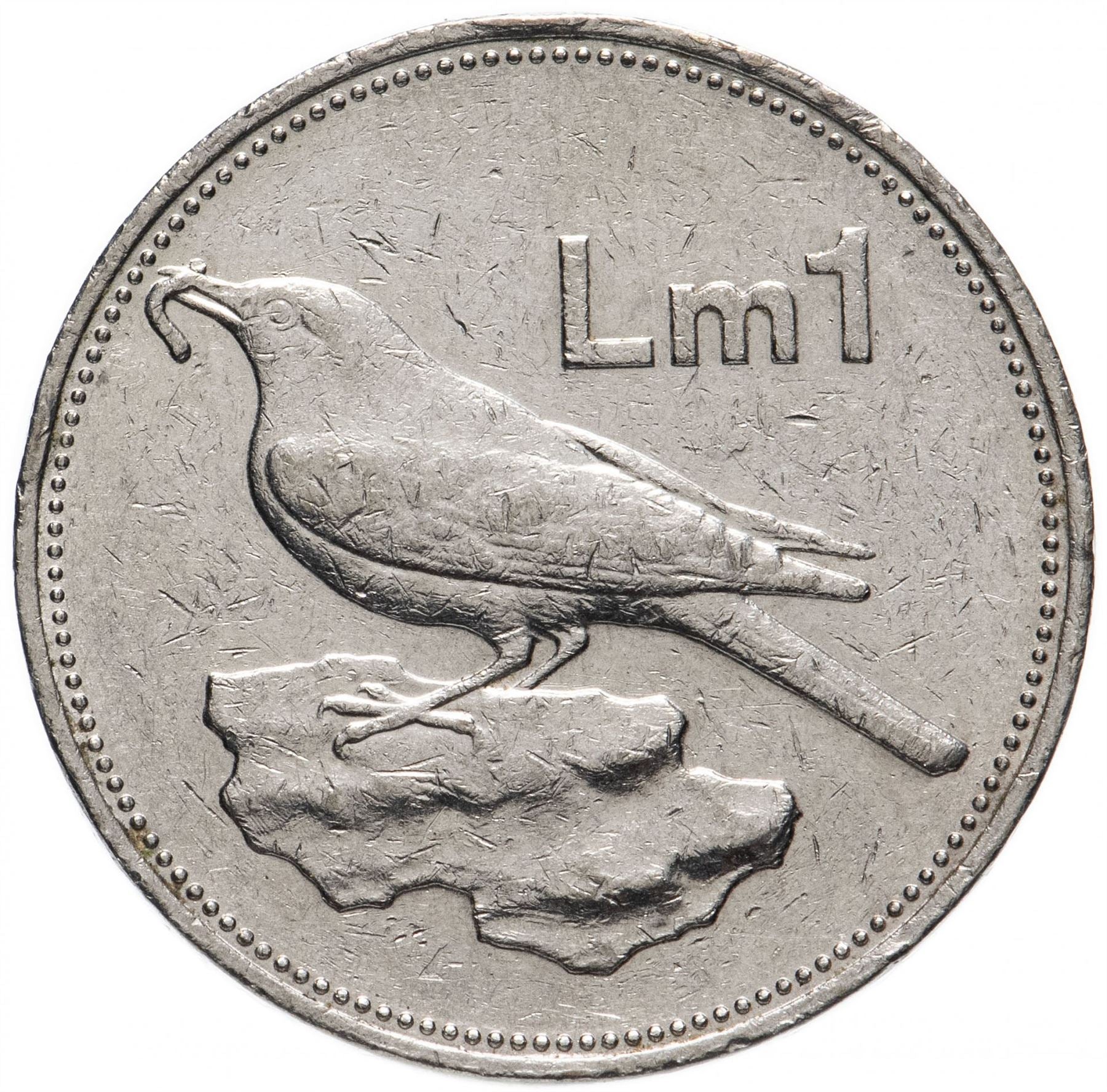 Malta Coin Maltese 1 Lira | Sun | Luzzu Boat | Blue Rock Thrush | Bird | KM82 | 1986