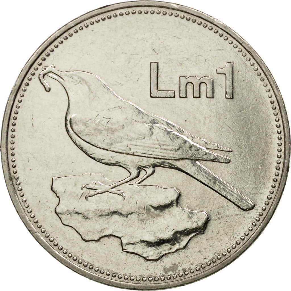 Malta Coin Maltese 1 Lira | Sun | Luzzu Boat | Blue Rock Thrush | Bird | KM82 | 1986