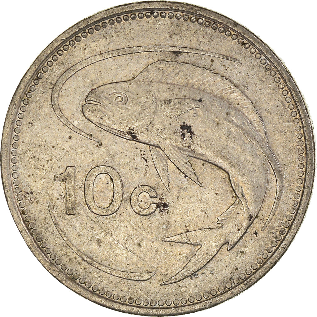 Malta Coin Maltese 10 Cents | Sun | Luzzu Boat | Mahi Mahi Fish | KM76 | 1986