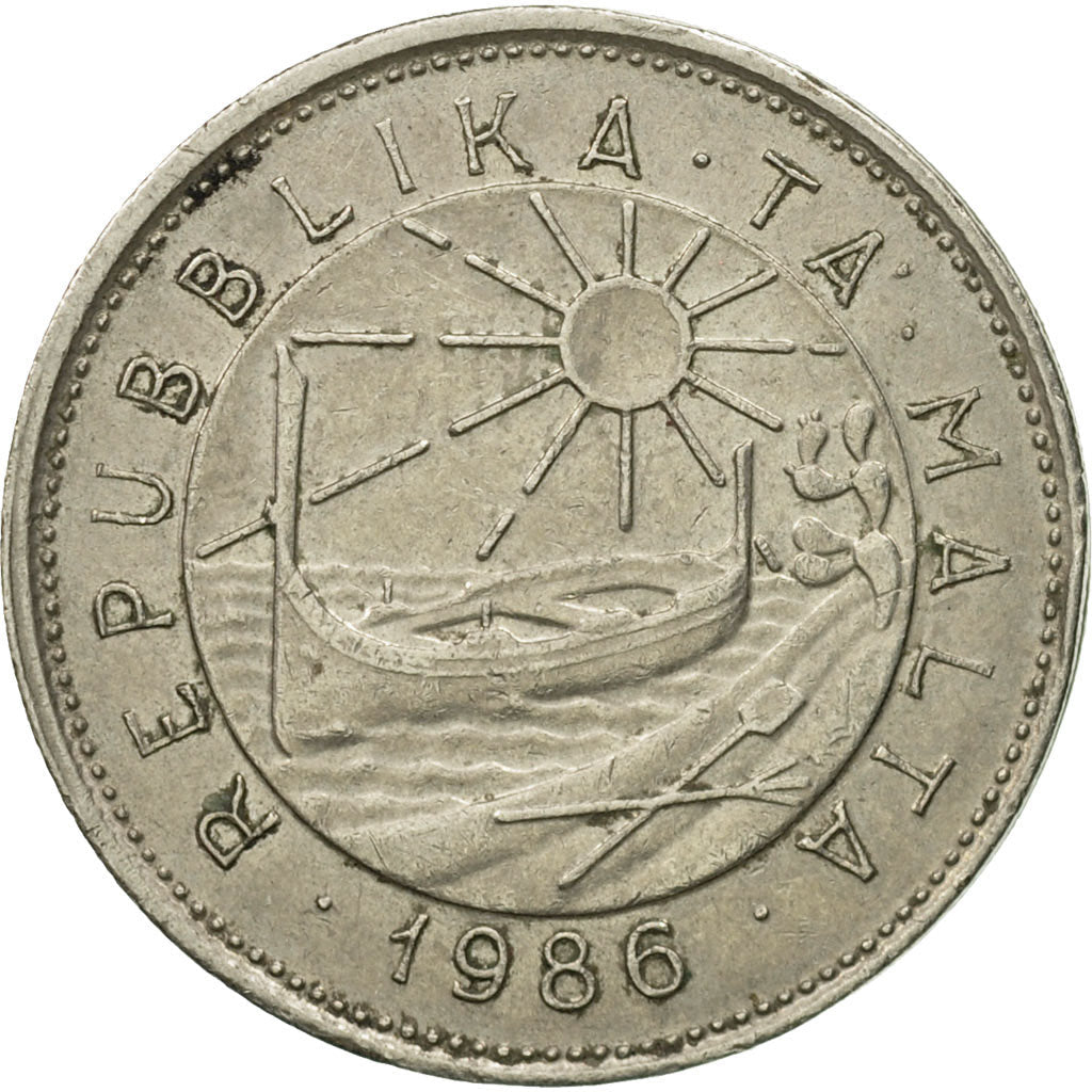 Malta Coin Maltese 25 Cents | Sun | Luzzu Boat | Evergreen Rose | KM80 | 1986