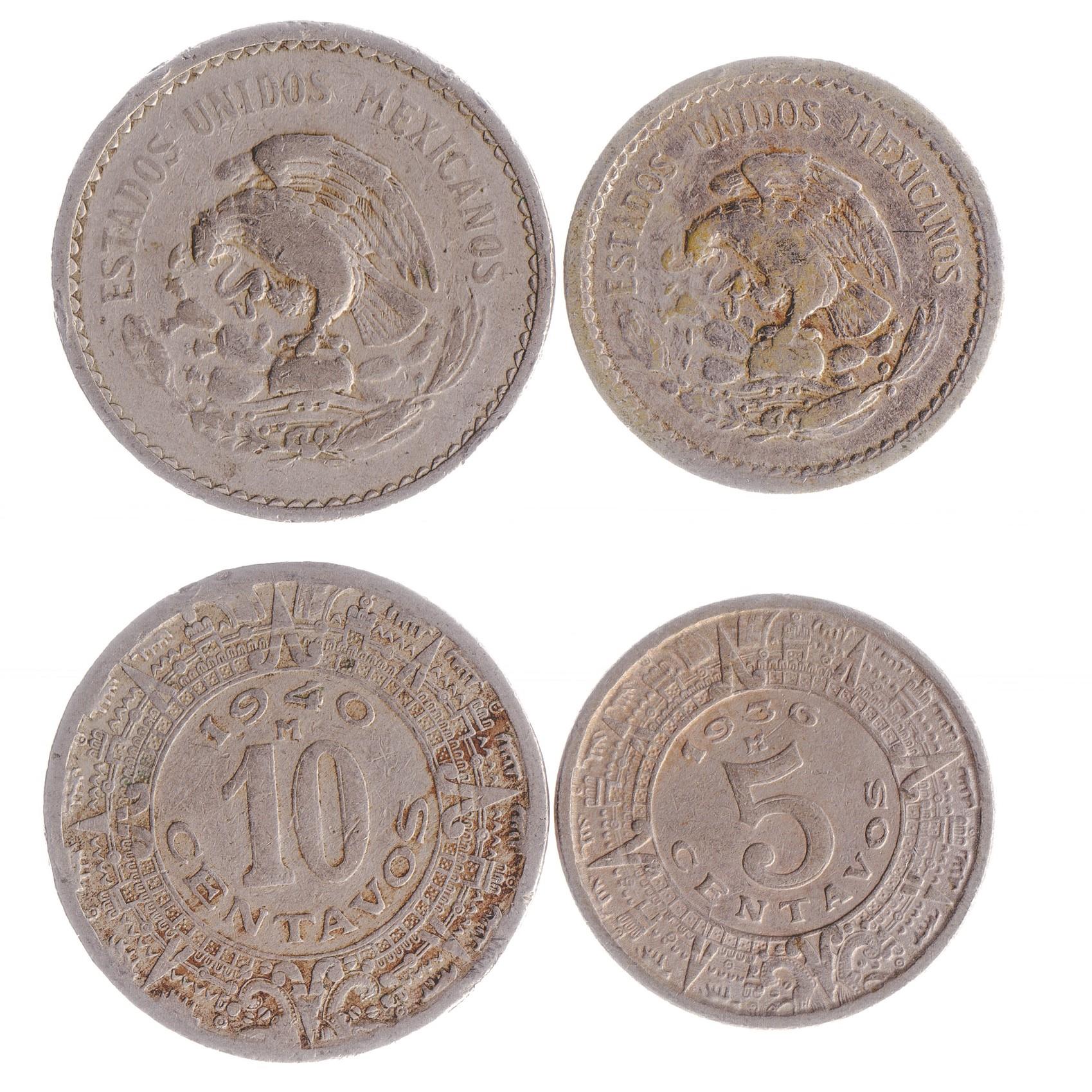 Mexican 2 Coin Set 5 10 Centavos | Opuntia | Golden Eagle | Rattlesnake | Sun Stone | 1936 - 1946