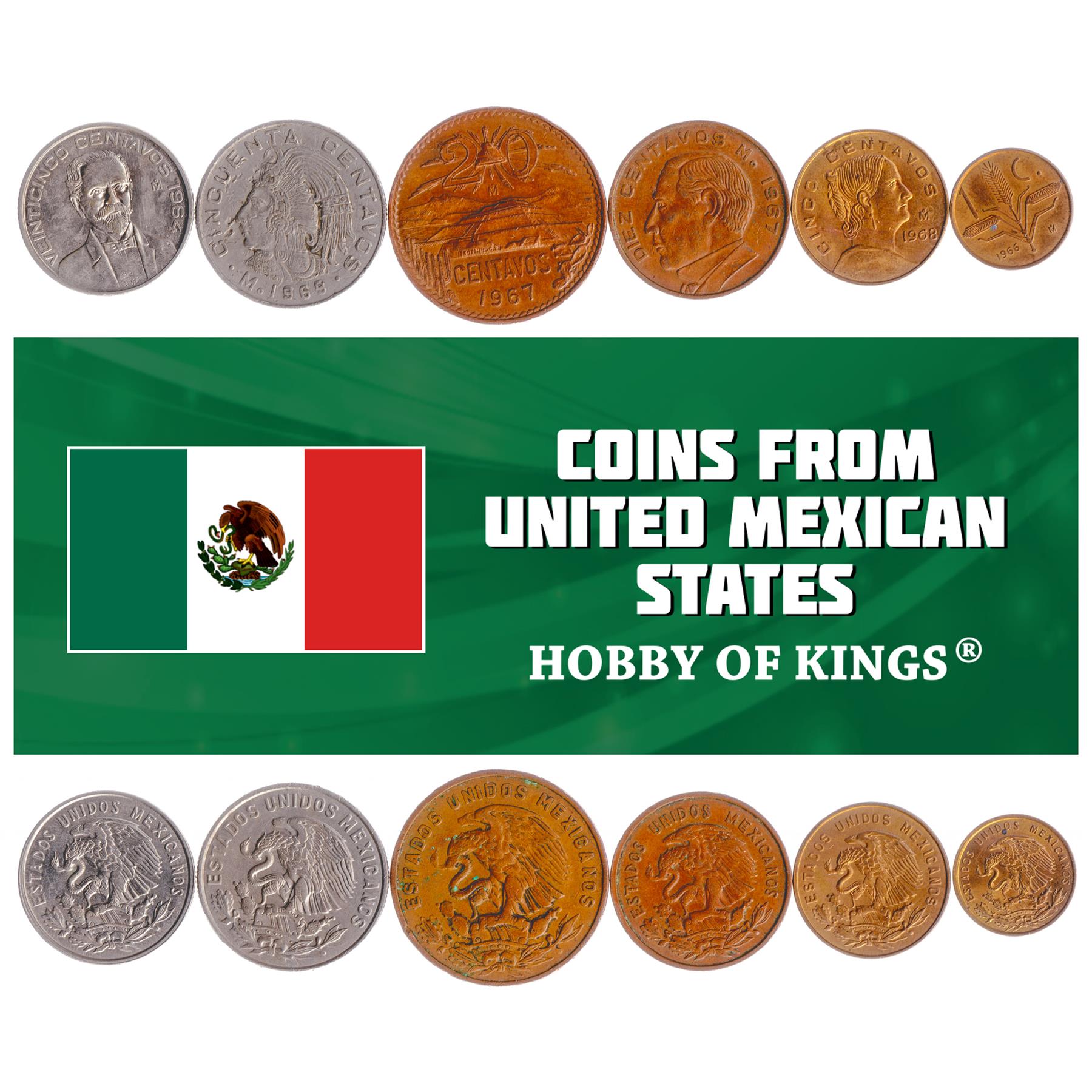 Mexican 6 Coin Set 1 5 10 20 25 50 Centavos | Opuntia | Golden Eagle | Rattlesnake | Pyramid | Cuauhtemoc | Josefa Ortiz de Domínguez | Benito Juárez | Liberty cap | 1950 - 1971