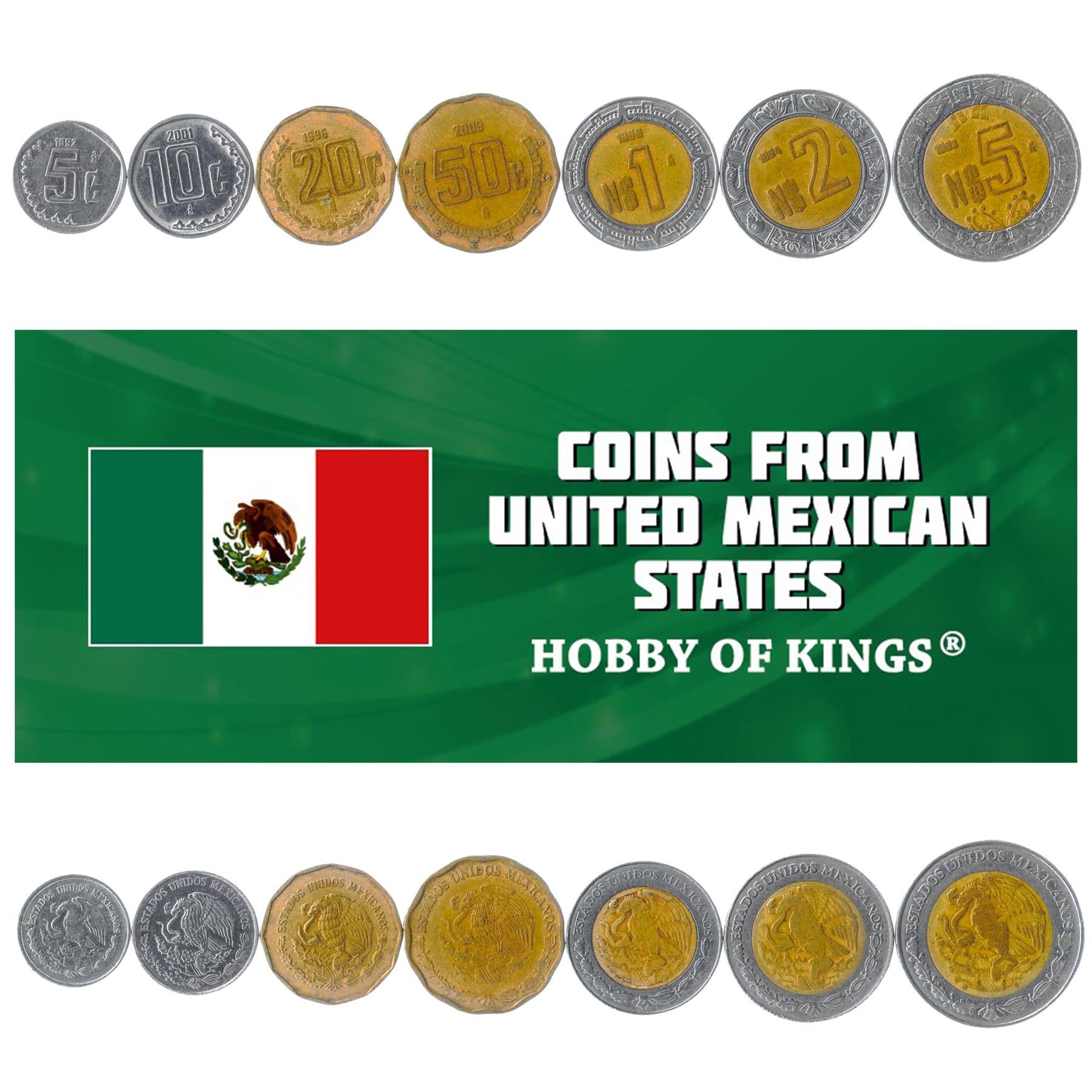 Mexican 7 Coin Set 5 10 20 50 Centavos 1 2 5 Nuevos Pesos | Cactus | Golden Eagle | Snake | Laurel | Aztec calendar stone | 1992 - 2009