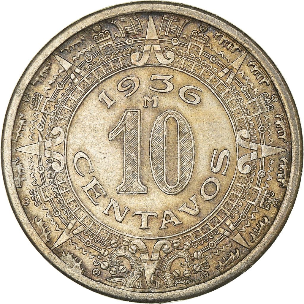 Mexico 10 Centavos Coin | Sun stone | Aztec | Golden Eagle | KM432 | 1936 - 1946