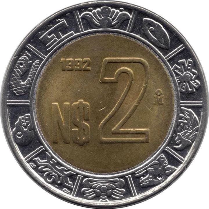 Mexico 2 Nuevos Pesos | Anillo de los Días | Aztec calendar Coin | KM551 | 1992 - 1995