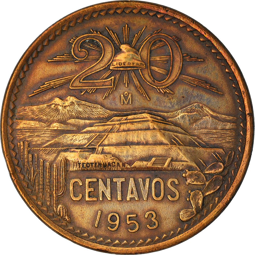 Mexico 20 Centavos | Liberty cap | Pyramid | Teotihuacán Coin | KM439 | 1943 - 1955