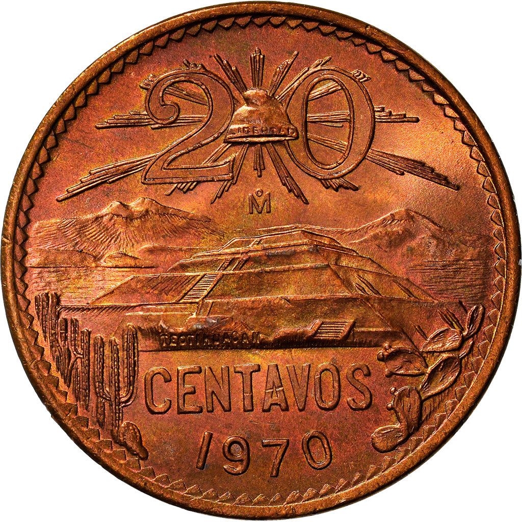 Mexico 20 Centavos | Liberty cap | Pyramid | Teotihuacán Coin | KM440 | 1955 - 1971