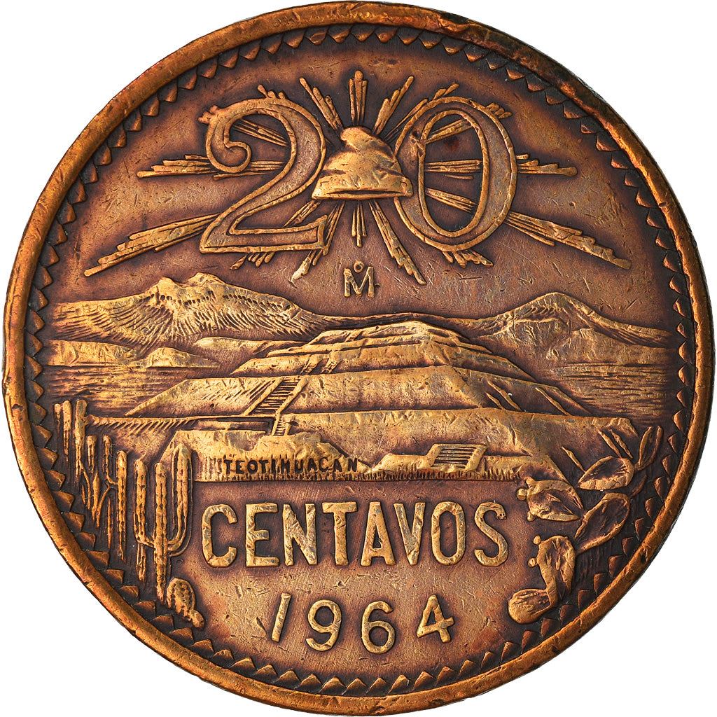 Mexico 20 Centavos | Liberty cap | Pyramid | Teotihuacán Coin | KM440 | 1955 - 1971