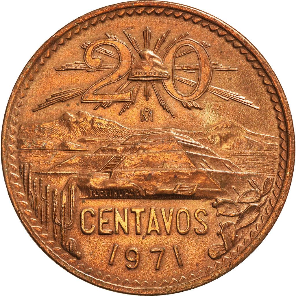 Mexico 20 Centavos | Liberty cap | Pyramid | Teotihuacán Coin | KM440 | 1955 - 1971