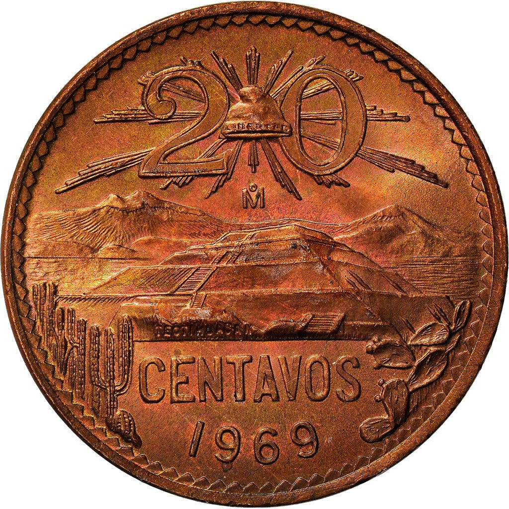 Mexico 20 Centavos | Liberty cap | Pyramid | Teotihuacán Coin | KM440 | 1955 - 1971